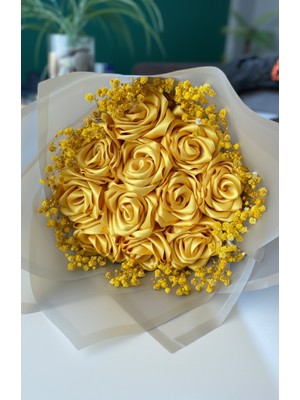 Buketim Seninle 11'li Sarı Cipsolu Solmayan Gül Buketi, Saten Çiçek, Sevgiliye, Arkadaşa Hediye