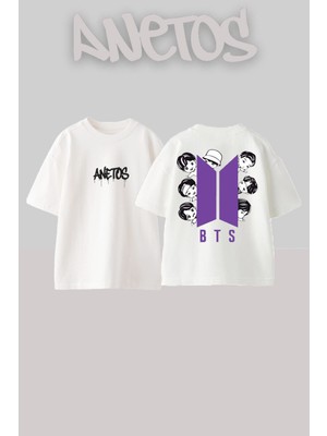 Anetos Bts 1 Tasarım Sırt Baskılı Pamuk Beyaz Oversize T-Shirt