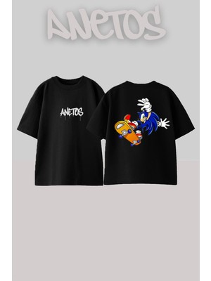 Anetos Sonic Tasarım Sırt Baskılı Pamuk Siyah Oversize T-Shirt