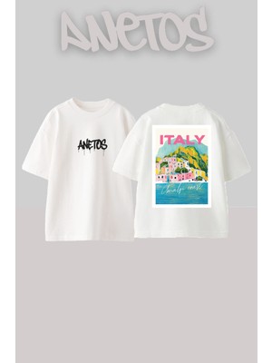 Anetos Italy Tasarım Sırt Baskılı Pamuk Beyaz Oversize T-Shirt