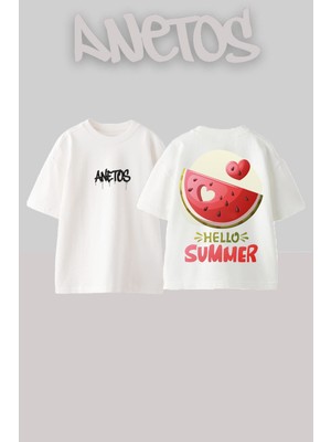 Anetos Hello Summer Tasarım Sırt Baskılı Pamuk Beyaz Oversize T-Shirt