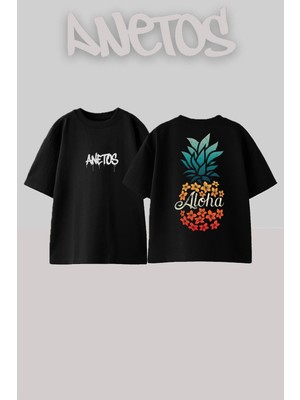 Anetos Aloha Ananas Tasarım Sırt Baskılı Pamuk Siyah Oversize T-Shirt