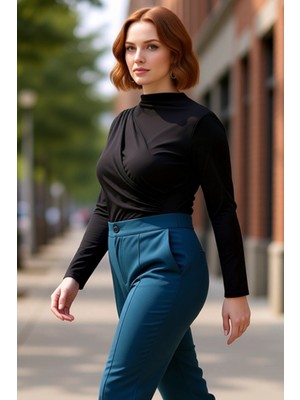 PayBuy Kadın Şık Büzgülü Balıkçı Yaka Uzun Kollu Örme Kaliteli Şık Rahat Modern Zarif