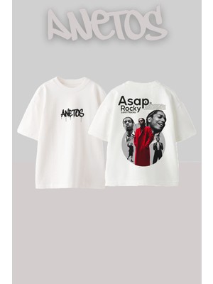 Anetos Asap Rocky Tasarım Sırt Baskılı Pamuk Beyaz Oversize T-Shirt