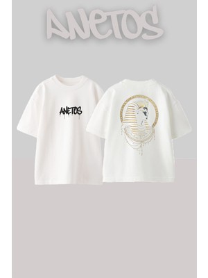 Anetos Egypt 5 Tasarım Sırt Baskılı Pamuk Beyaz Oversize T-Shirt