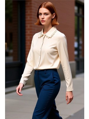 PayBuy Kadın Polo Yaka Düğmeli Esnek Örme Üst Dantel Yaka Detaylı Kaliteli Şık Rahat Modern Zarif