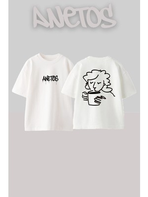 Anetos Vaso Tasarım Sırt Baskılı Pamuk Beyaz Oversize T-Shirt