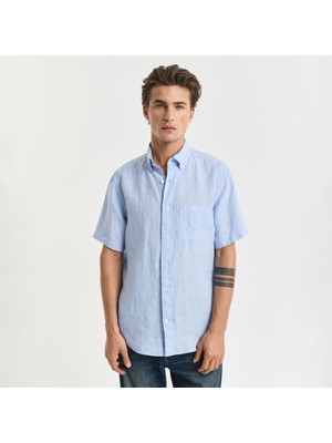 Gant Erkek Mavi Regular Fit Düğmeli Yaka Keten Gömlek