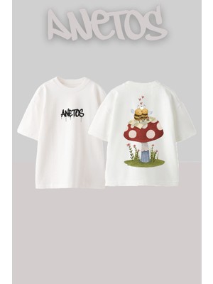 Anetos Lovers Bee Tasarım Sırt Baskılı Pamuk Beyaz Oversize T-Shirt