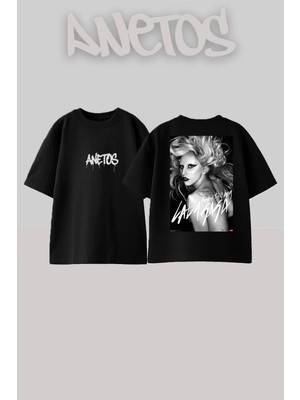 Anetos Lady Gaga 2 Tasarım Sırt Baskılı Pamuk Siyah Oversize T-Shirt