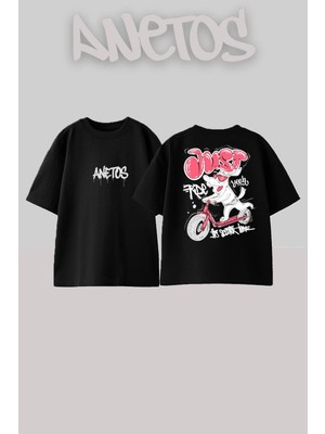 Anetos Just Ride Dog Tasarım Sırt Baskılı Pamuk Siyah Oversize T-Shirt