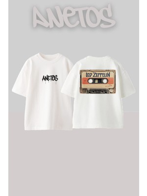 Anetos LED Zeppelin 10 Tasarım Sırt Baskılı Pamuk Beyaz Oversize T-Shirt