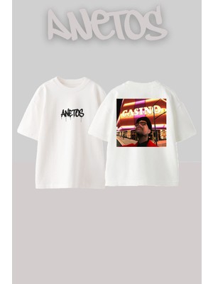 Anetos Gta Casino Tasarım Sırt Baskılı Pamuk Beyaz Oversize T-Shirt