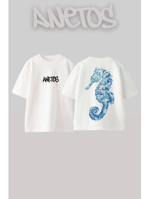 Anetos Deniz Atı Tasarım Sırt Baskılı Pamuk Beyaz Oversize T-Shirt