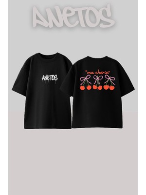 Anetos Ma Cherie Tasarım Sırt Baskılı Pamuk Siyah Oversize T-Shirt