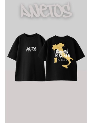 Anetos Roma Tasarım Sırt Baskılı Pamuk Siyah Oversize T-Shirt