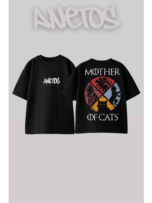 Anetos Mother Ofcats Tasarım Sırt Baskılı Pamuk Siyah Oversize T-Shirt