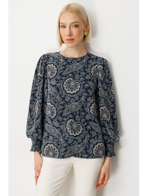 Ekol Kadın Desenli Balon Kol Bluz 3017 Lacivert