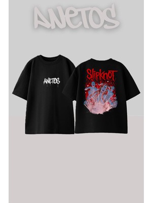 Anetos Slipknot 19 Tasarım Sırt Baskılı Pamuk Siyah Oversize T-Shirt