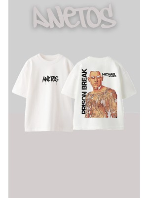 Anetos Prison Break 3 Tasarım Sırt Baskılı Pamuk Beyaz Oversize T-Shirt
