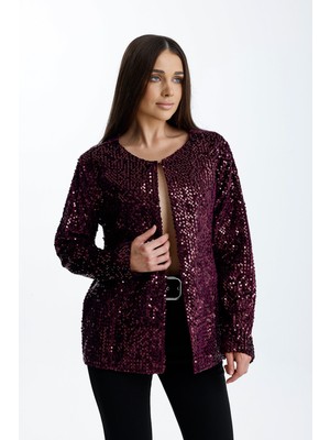 Sense Astarlı Mevsimlik Kadife Üstüne Payet Işleme Abiye Ceket | CKT34356 Bordo