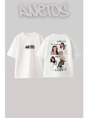 Anetos Black Pink 8 Tasarım Sırt Baskılı Pamuk Beyaz Oversize T-Shirt