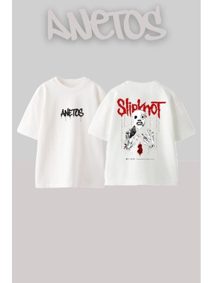 Anetos Slipknot 1 Tasarım Sırt Baskılı Pamuk Beyaz Oversize T-Shirt