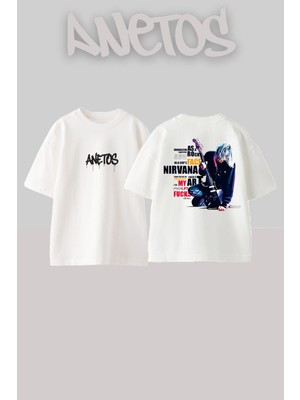 Anetos Nirvana 2 Tasarım Sırt Baskılı Pamuk Beyaz Oversize T-Shirt