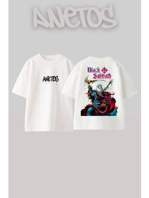 Anetos Black Sabbath 12 Tasarım Sırt Baskılı Pamuk Beyaz Oversize T-Shirt