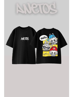Anetos Hello Labubu Tasarım Sırt Baskılı Pamuk Siyah Oversize T-Shirt
