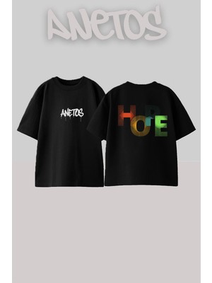 Anetos Hope Tasarım Sırt Baskılı Pamuk Siyah Oversize T-Shirt