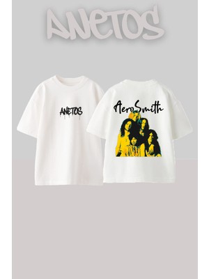 Anetos Aerosmith 3 Tasarım Sırt Baskılı Pamuk Beyaz Oversize T-Shirt