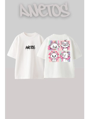 Anetos Cat Gırl Tasarım Sırt Baskılı Pamuk Beyaz Oversize T-Shirt