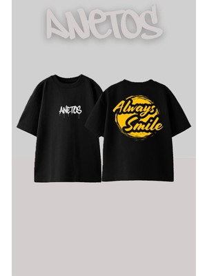 Anetos Always Smile Tasarım Sırt Baskılı Pamuk Siyah Oversize T-Shirt
