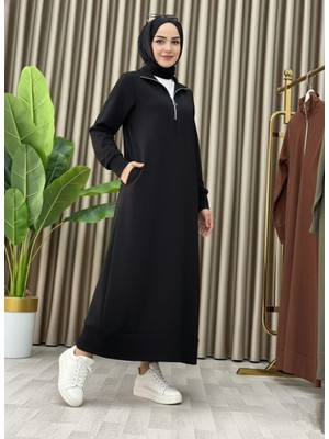 Mismoly Fermuar Detaylı Cepli Spor Uzun Örme Tesettür Elbise