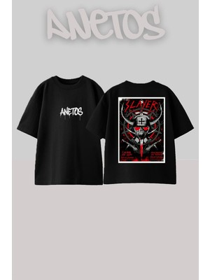 Anetos Slayer 3 Tasarım Sırt Baskılı Pamuk Siyah Oversize T-Shirt