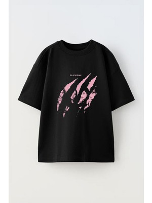 Anetos Black Pink 1 Baskılı Ünisex Pamuk Siyah Oversize T Shirt