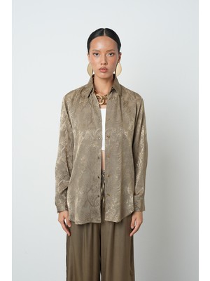 Orfeonegro Kadın Haki Renk Desenli Altın Düğmeli Gömlek