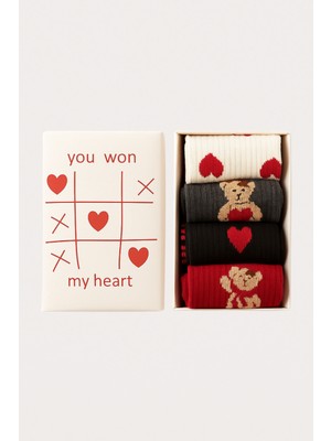 Katia & Bony Kadın Kalpli Teddy Desenli 4'lü Paket Kutulu Soket Çorap