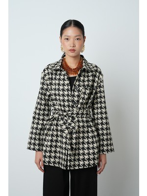 Orfeonegro Kadın Kazayağı Desenli Cepli Astarsız Siyah Renk Ceket-Gömlek