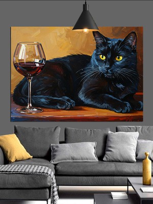 Artmeg Kara Kedi Şarap Kadehi Dekoratif Kanvas - Mdf Ahşap Tablo