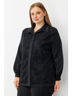 Moda İlgi Moda Ilgi Kadın Büyük Beden Yaprak Desenli Boncuk Detaylı Takma Kol Gömlek 0052 Siyah