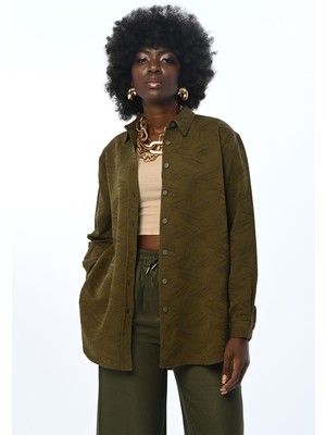 Orfeonegro Kadın Haki Simli Desenli Oversize  Gömlek