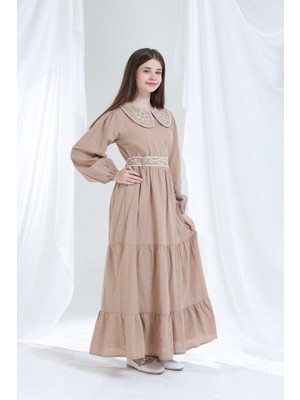 Giyinse Teknik Nakışlı Pamuk Dokuma Elbise Bej