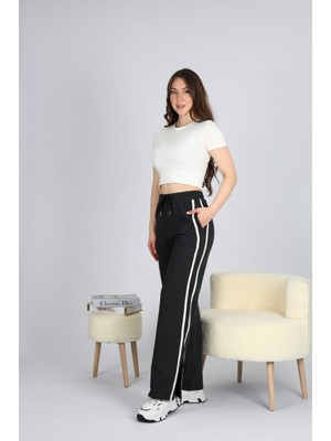 Schlank Kadın Füme Şeritli Yırtmaçlı Yüksek Bel Bol Paça Eşofman Altı