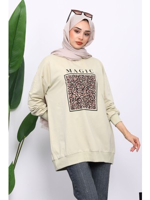 İmaj Butik Olive Bisiklet Yaka Baskılı Sweat