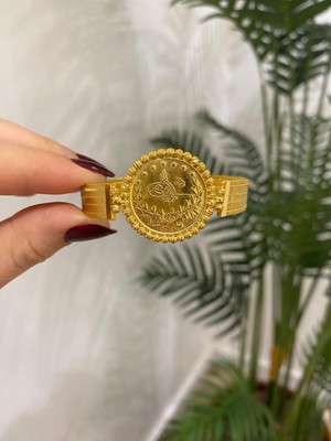 925 Ayar Gümüş Gold 5 Sıra Doricalı Tuğralı Hasır Bileklik