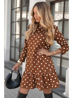 Janes Kadın Uzun Kollu Bisiklet Yaka Fırfırlı Puantiyeli Kısa Modal Elbise