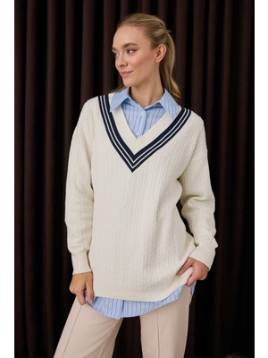 V Yaka Dokulu Triko Ekru