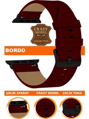  apple watch uyumlu seri 1/2/3/4/5/6/se/7/8/9 ultra/ultra2 42/44/45/49mm crazy deri saat kordonu kayışı l10hwc-bordo-black
